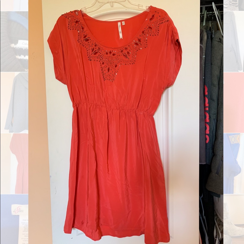 Beaded coral dress.